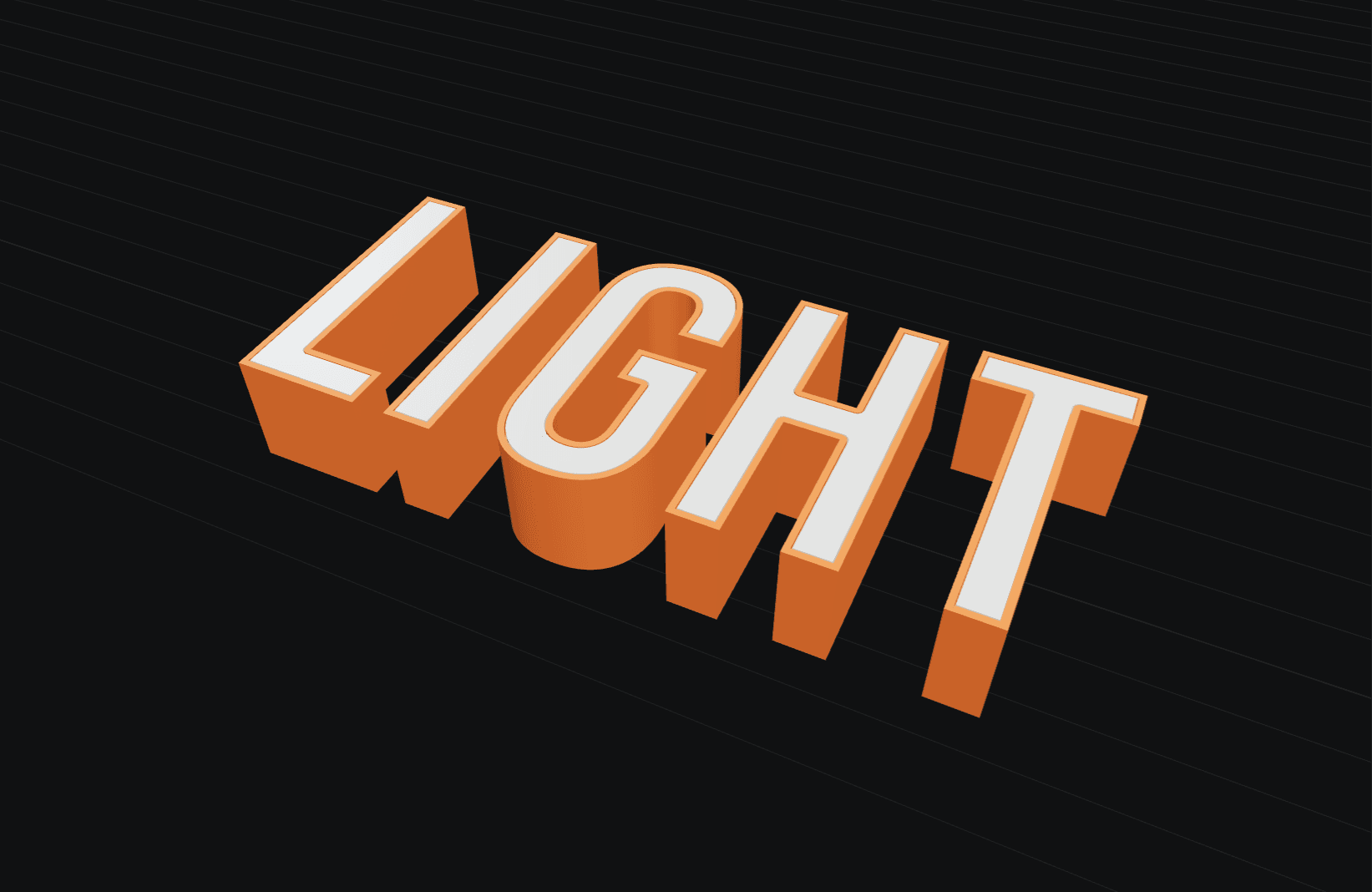 Actual Lightbox Studio model: orange channel letters with separate white faces on a modelling grid